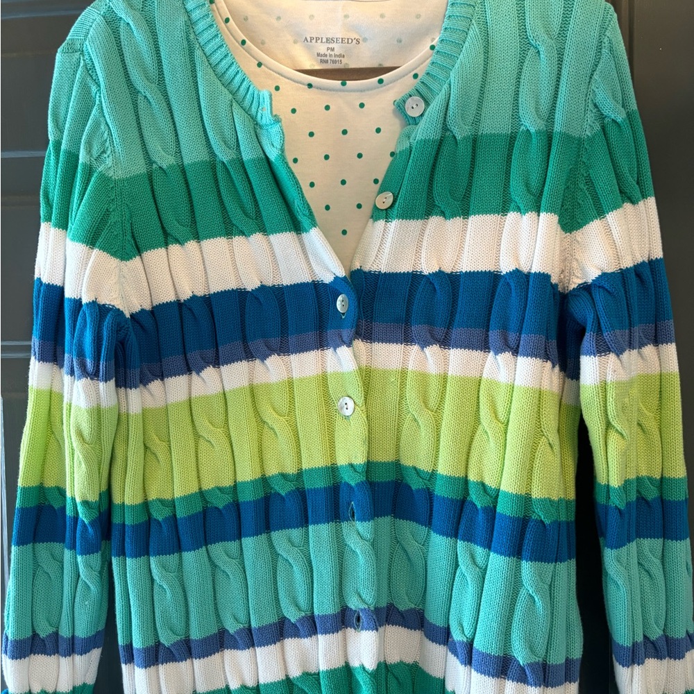 Appleseeds striped cardigan with dotted tank.